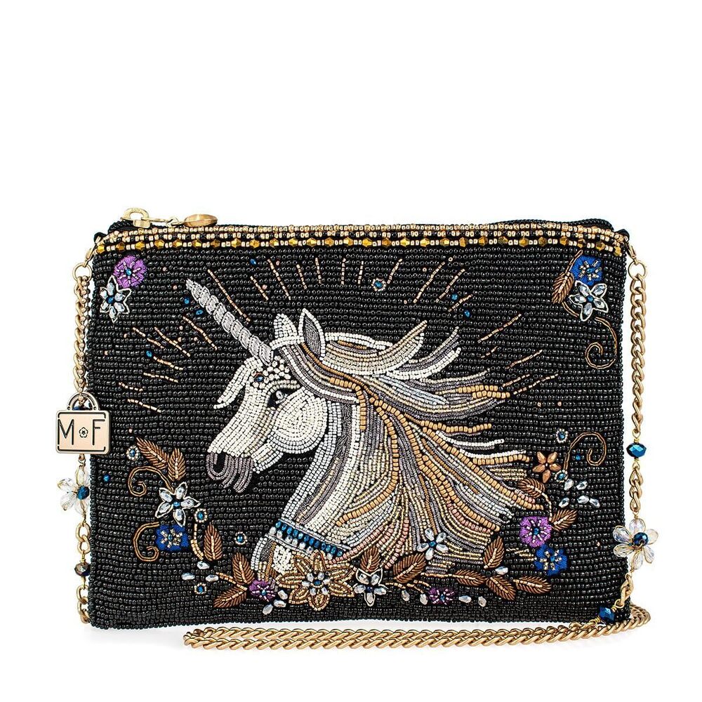 3550 Whimsical Wonder Beadedunicorn Mini Crossbody Clutch Handbag, Black